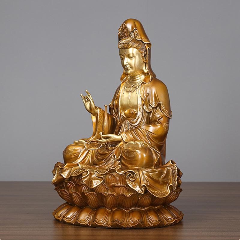 Mythstone Kwan Yin Avalokitesvara Lotus Sitting Harmony Brass Copper Statue Home Altar Decoration