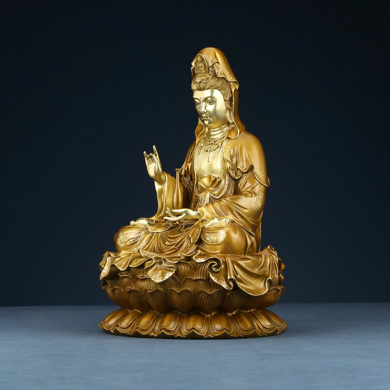 Mythstone Kwan Yin Avalokitesvara Lotus Sitting Harmony Brass Copper Statue Home Altar Decoration