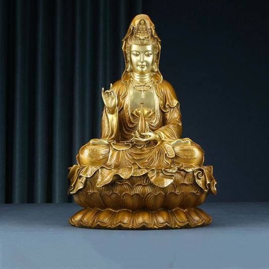 Mythstone Kwan Yin Avalokitesvara Lotus Sitting Harmony Brass Copper Statue Home Altar Decoration