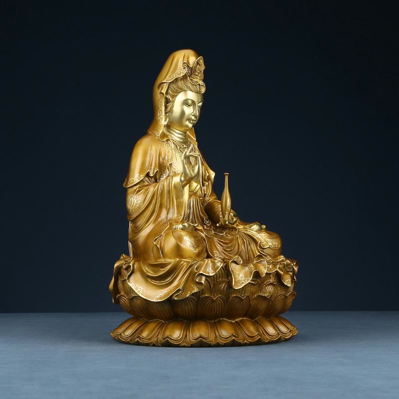 Mythstone Kwan Yin Avalokitesvara Lotus Sitting Harmony Brass Copper Statue Home Altar Decoration