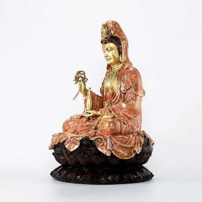 Mythstone Kwan Yin Avalokitesvara Lotus Sitting Harmony Brass Copper Statue Home Altar Decoration