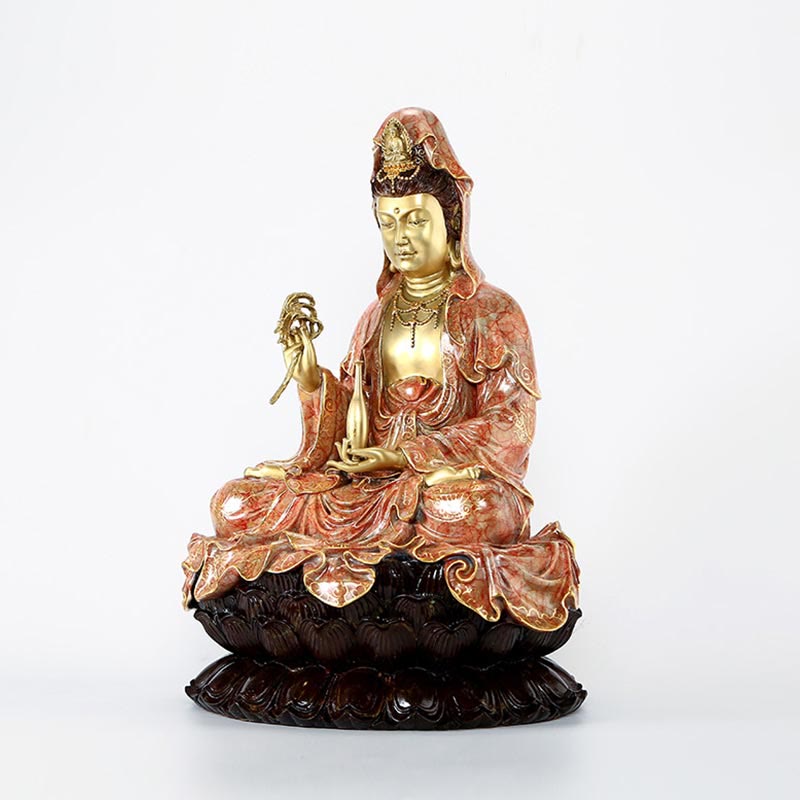 Mythstone Kwan Yin Avalokitesvara Lotus Sitting Harmony Brass Copper Statue Home Altar Decoration