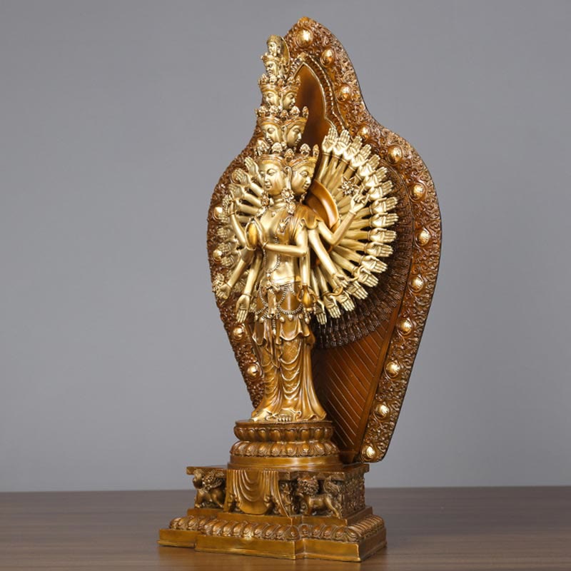 Mythstone Handmade Thousand-armed Avalokitesvara Kwan Yin Wealth Brass Copper Statue Decoration