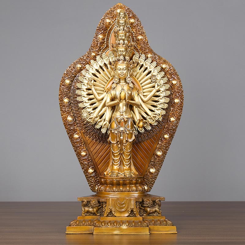 Mythstone Handmade Thousand-armed Avalokitesvara Kwan Yin Wealth Brass Copper Statue Decoration