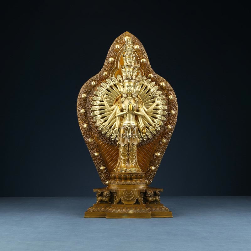 Mythstone Handmade Thousand-armed Avalokitesvara Kwan Yin Wealth Brass Copper Statue Decoration