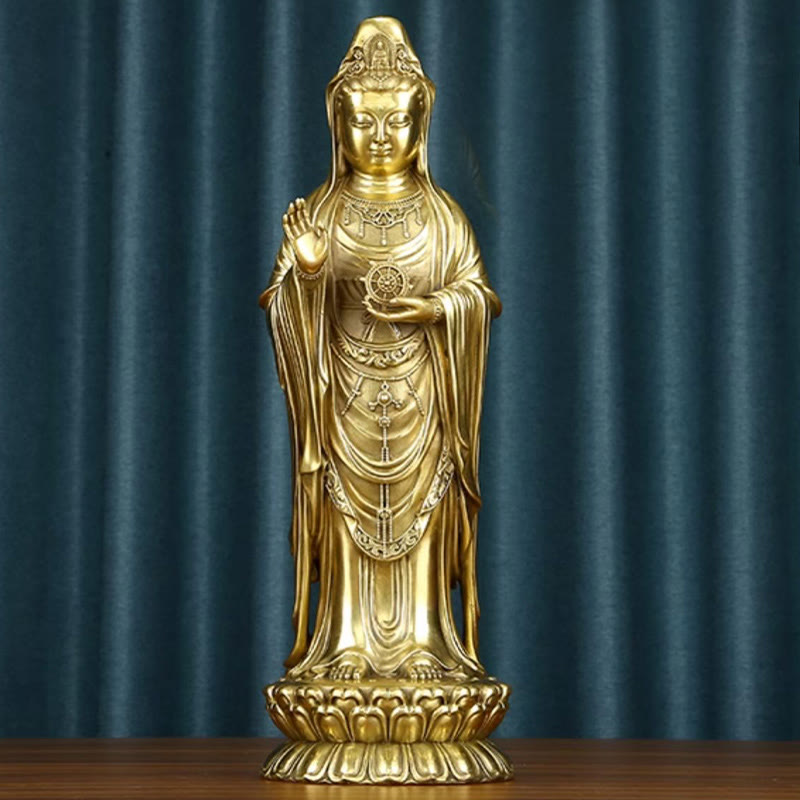 Mythstone Kwan Yin Avalokitesvara Holding The Dharma Wheel Wealth Brass Copper Statue Decoration