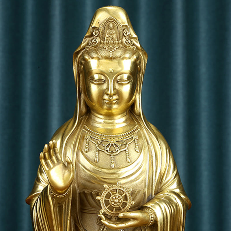 Mythstone Kwan Yin Avalokitesvara Holding The Dharma Wheel Wealth Brass Copper Statue Decoration