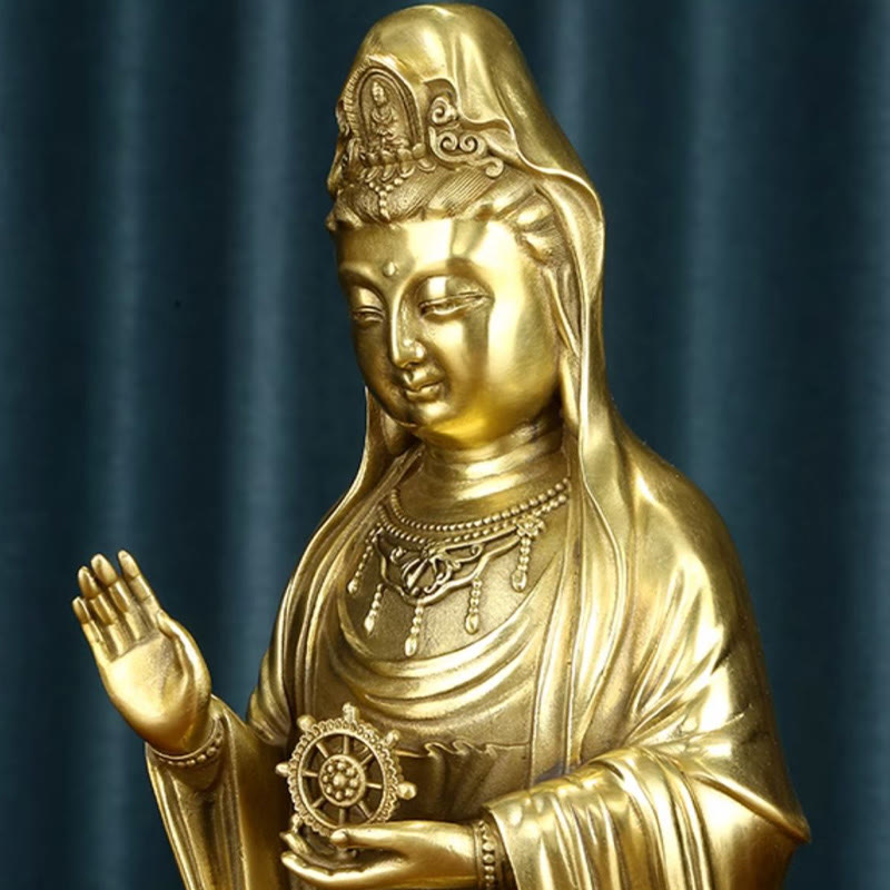 Mythstone Kwan Yin Avalokitesvara Holding The Dharma Wheel Wealth Brass Copper Statue Decoration