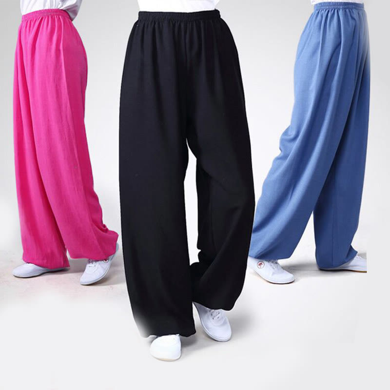 Pantalones unisex de lino y algodón para práctica de tai chi y qigong con cintura elástica de verano Mythstone 