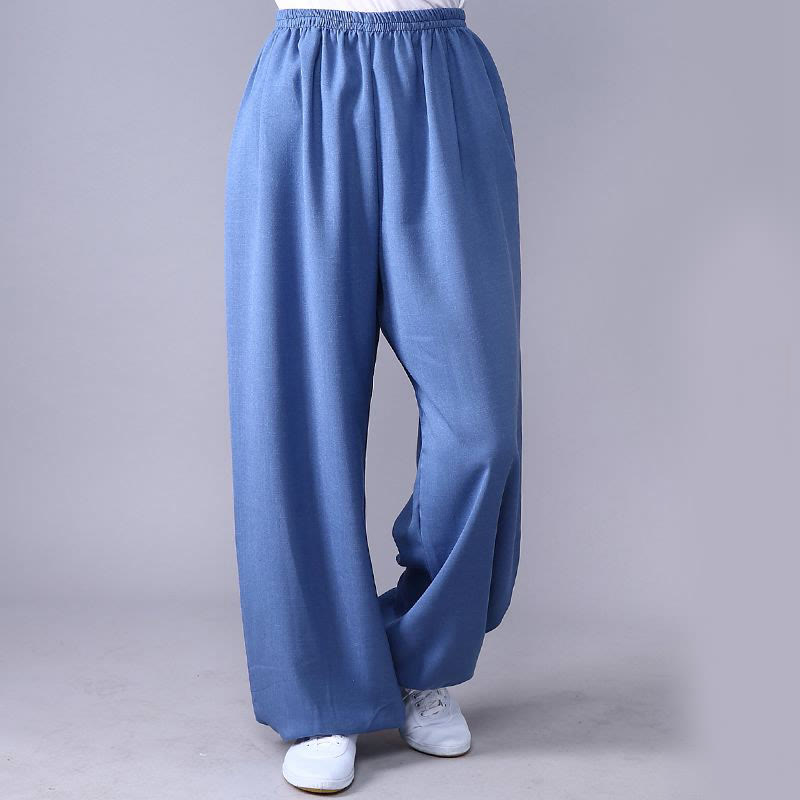 Pantalones unisex de lino y algodón para práctica de tai chi y qigong con cintura elástica de verano Mythstone 