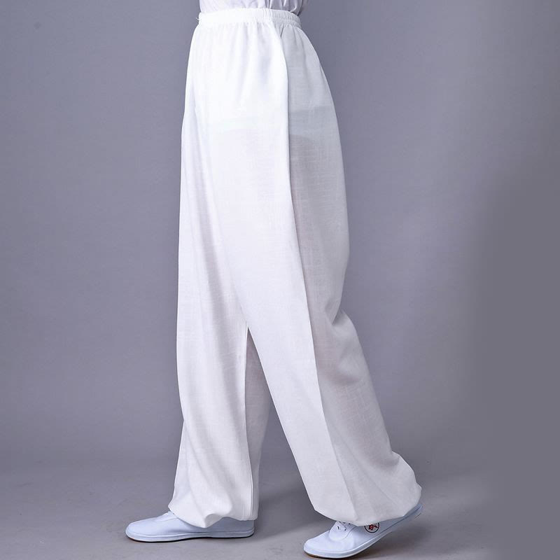 Pantalones unisex de lino y algodón para práctica de tai chi y qigong con cintura elástica de verano Mythstone 