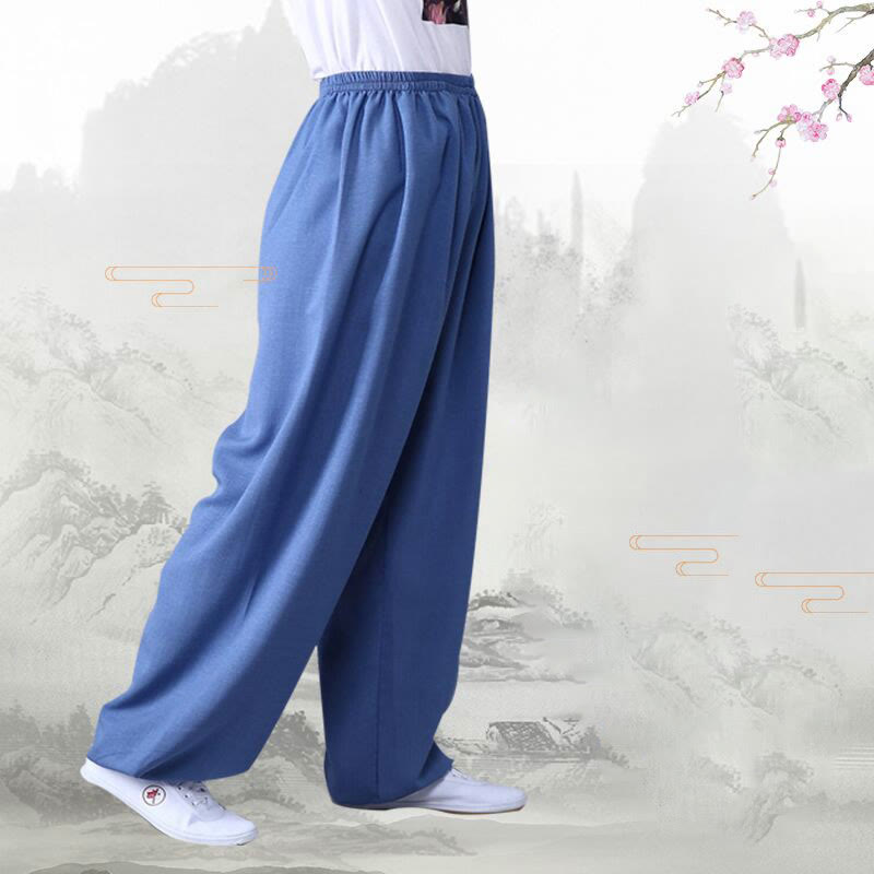 Pantalones unisex de lino y algodón para práctica de tai chi y qigong con cintura elástica de verano Mythstone 