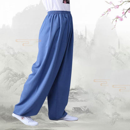 Pantalones unisex de lino y algodón para práctica de tai chi y qigong con cintura elástica de verano Mythstone 