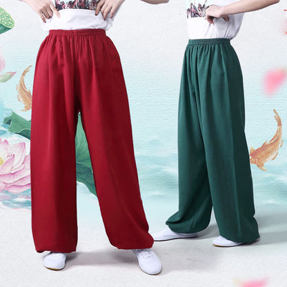 Pantalones unisex de lino y algodón para práctica de tai chi y qigong con cintura elástica de verano Mythstone 