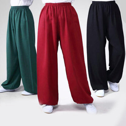 Pantalones unisex de lino y algodón para práctica de tai chi y qigong con cintura elástica de verano Mythstone 