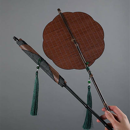 Mythstone Chinese Style Handmade Bamboo Long Handle Portable Curlable Fan