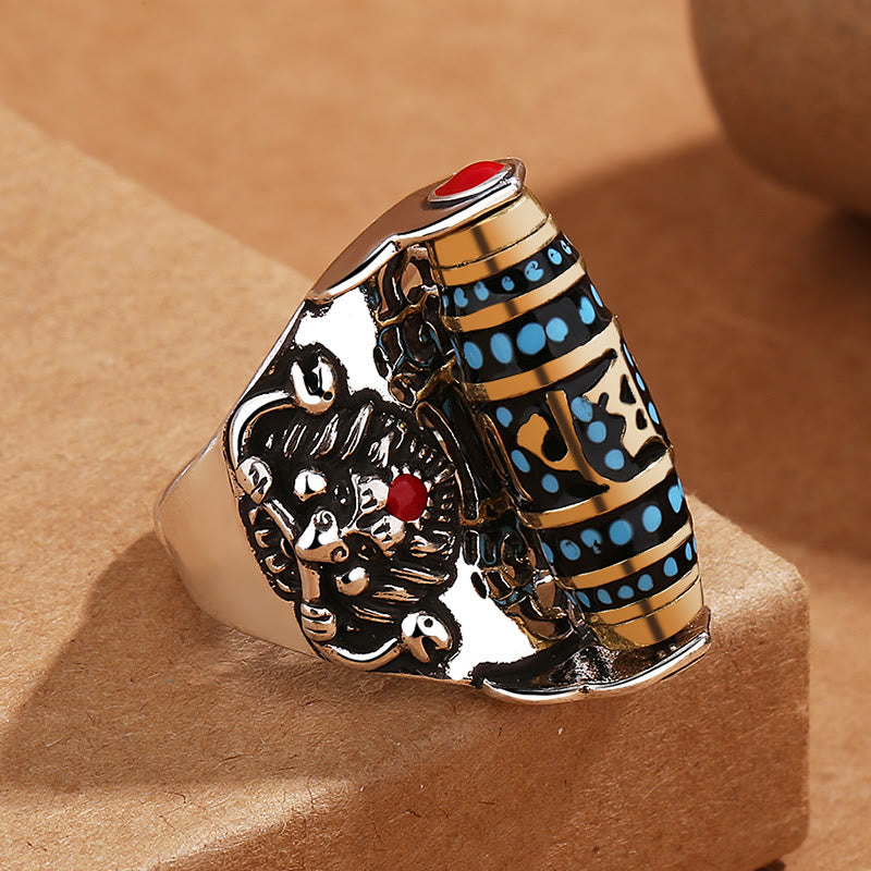 Mythstone Tibetan Om Mani Padme Hum Garuda Dzi Bead Pattern Peace Rotatable Ring