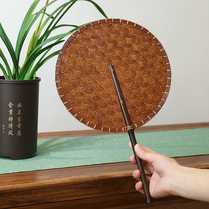 Mythstone Vintage Chinese Style Handmade Round Octagonal Shaped Bamboo Long Handle Fan