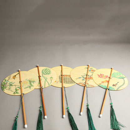 Mythstone Handmade Birds Flowers Persimmons Fruit Koi Fish Lotus Bamboo Long Handle Portable Curlable Fan