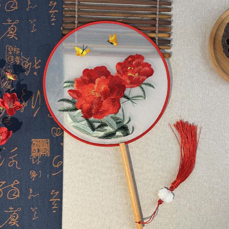 Mythstone Peony Flowers Butterfly Embroidered Handheld Wood Handle Fan