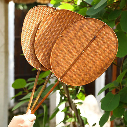 Mythstone Chinese Style Handmade Bamboo Woven Oval Round Banana Conical Shape Long Handle Fan