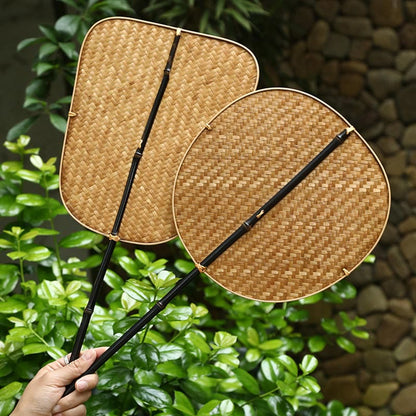 Mythstone Chinese Style Handmade Bamboo Woven Oval Round Banana Conical Shape Long Handle Fan