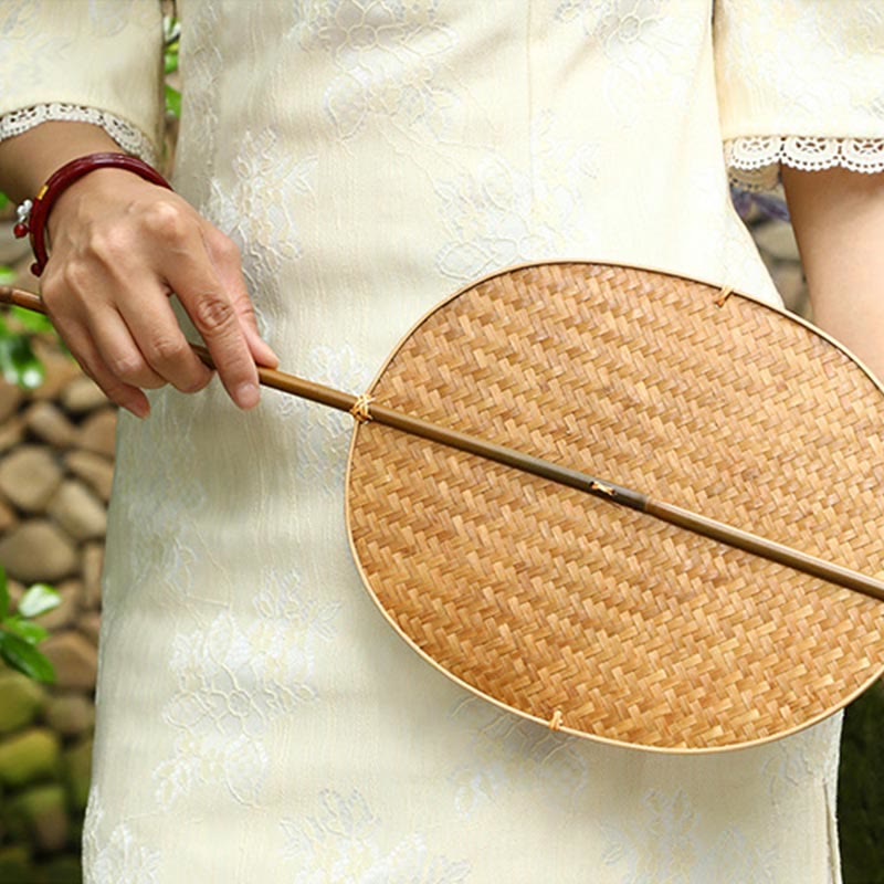 Mythstone Chinese Style Handmade Bamboo Woven Oval Round Banana Conical Shape Long Handle Fan