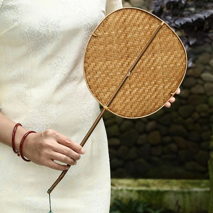 Mythstone Chinese Style Handmade Bamboo Woven Oval Round Banana Conical Shape Long Handle Fan