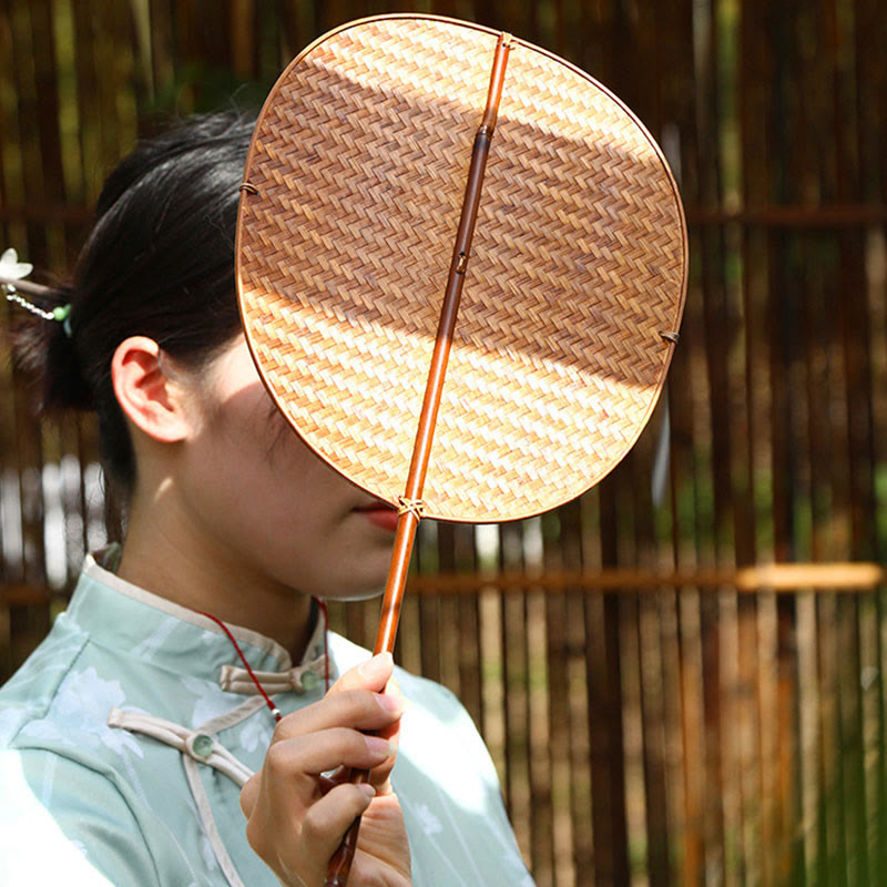 Mythstone Chinese Style Handmade Bamboo Woven Oval Round Banana Conical Shape Long Handle Fan