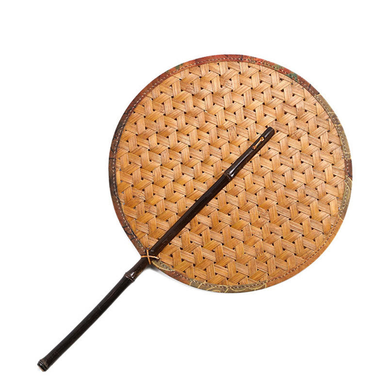 Mythstone Summer Retro Chinese Style Handmade Bamboo Woven Round Banana Shape Long Handle Fan