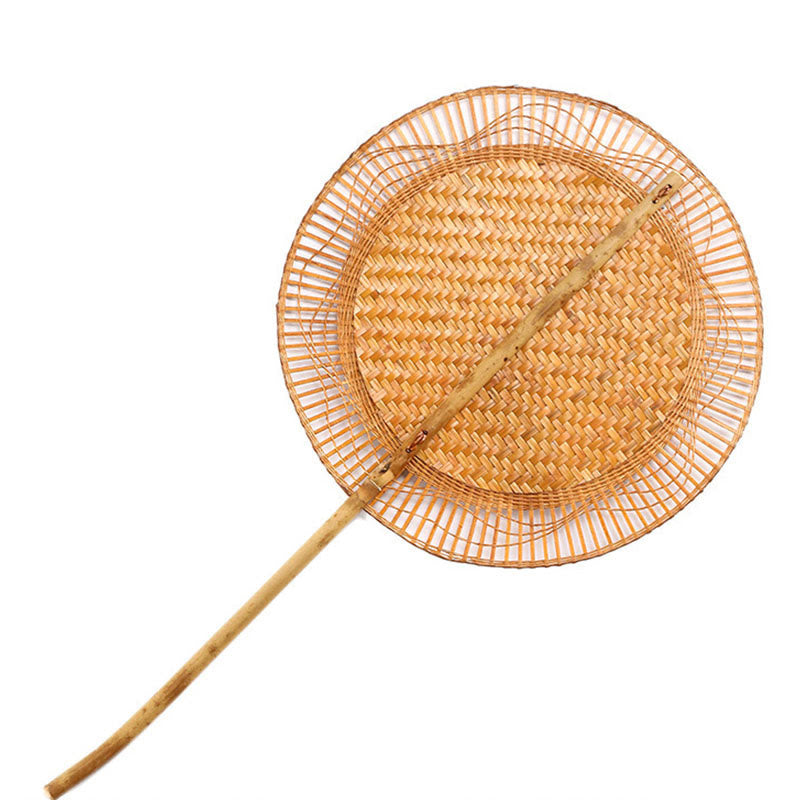 Mythstone Summer Retro Chinese Style Handmade Bamboo Woven Round Banana Shape Long Handle Fan