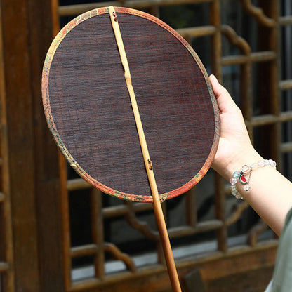 Mythstone Summer Retro Chinese Style Handmade Bamboo Woven Round Banana Shape Long Handle Fan