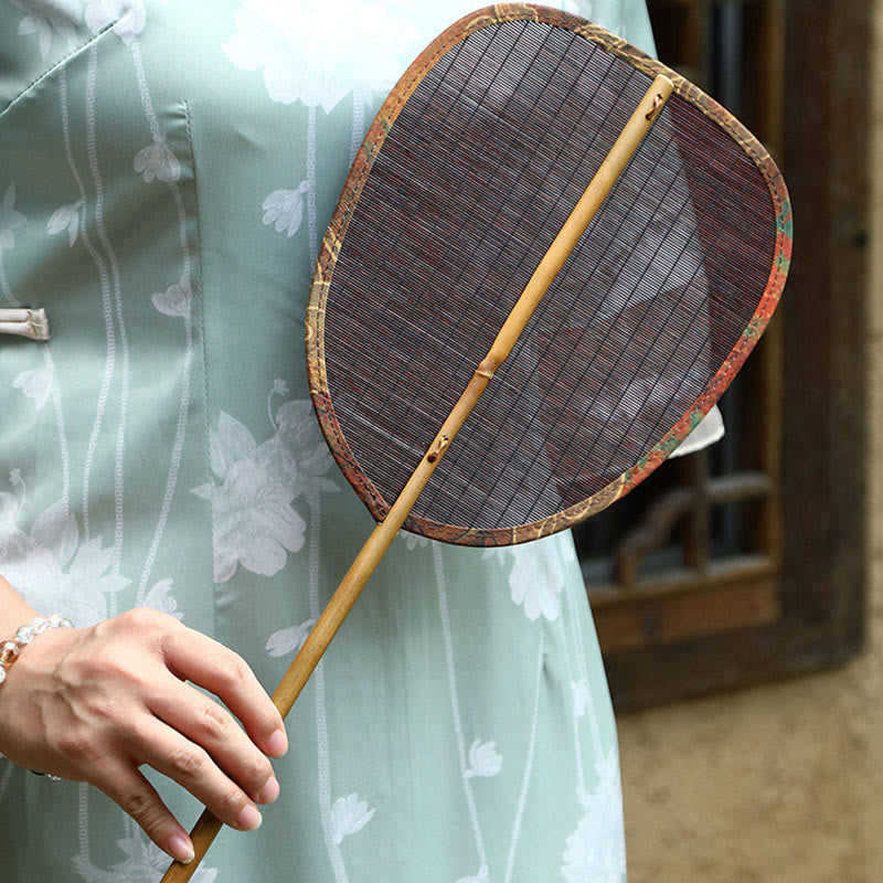 Mythstone Summer Retro Chinese Style Handmade Bamboo Woven Round Banana Shape Long Handle Fan