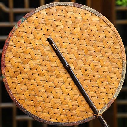 Mythstone Summer Retro Chinese Style Handmade Bamboo Woven Round Banana Shape Long Handle Fan