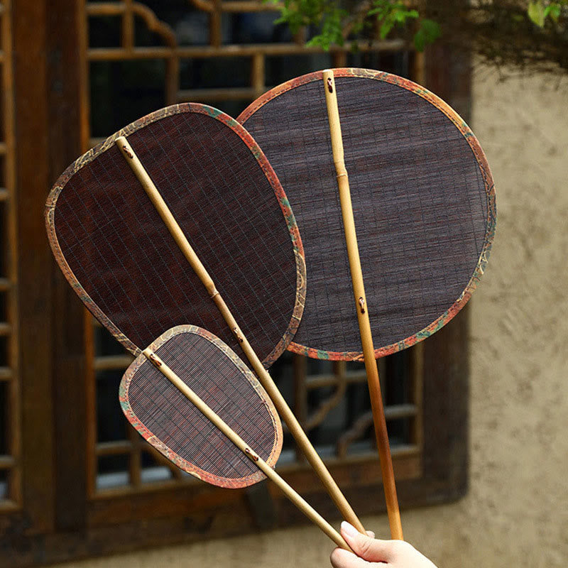 Mythstone Summer Retro Chinese Style Handmade Bamboo Woven Round Banana Shape Long Handle Fan