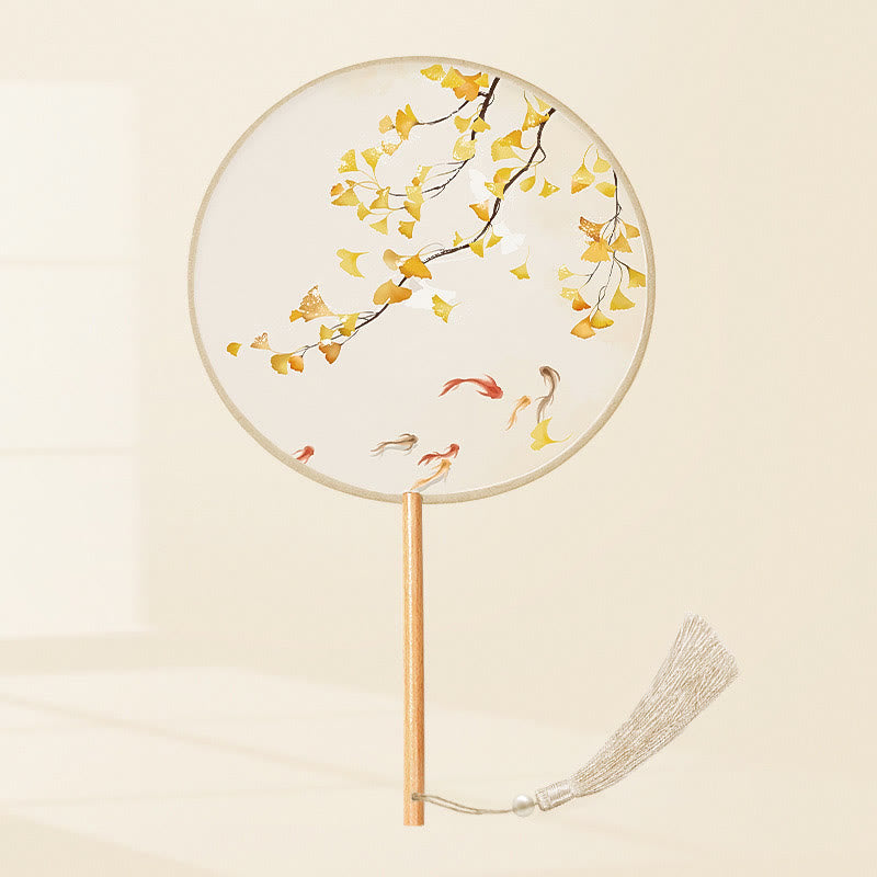 Mythstone Ginkgo Leaf Koi Fish Cherry Blossom Spring Flowers Handheld Wood Handle Fan