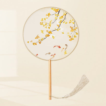 Mythstone Ginkgo Leaf Koi Fish Cherry Blossom Spring Flowers Handheld Wood Handle Fan