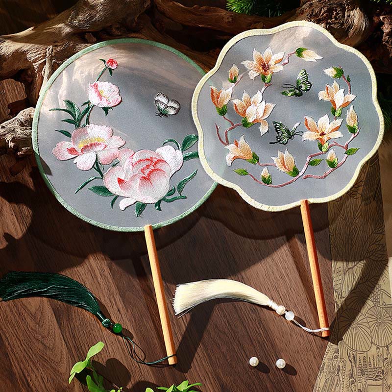 Mythstone Peony Butterfly Osmanthus Lotus Koi Fish Double-sided Embroidery Handheld Wood Handle Fan