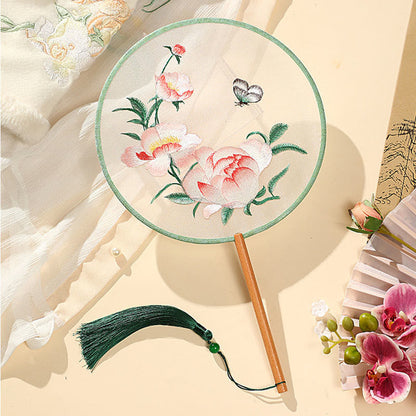 Mythstone Peony Butterfly Osmanthus Lotus Koi Fish Double-sided Embroidery Handheld Wood Handle Fan