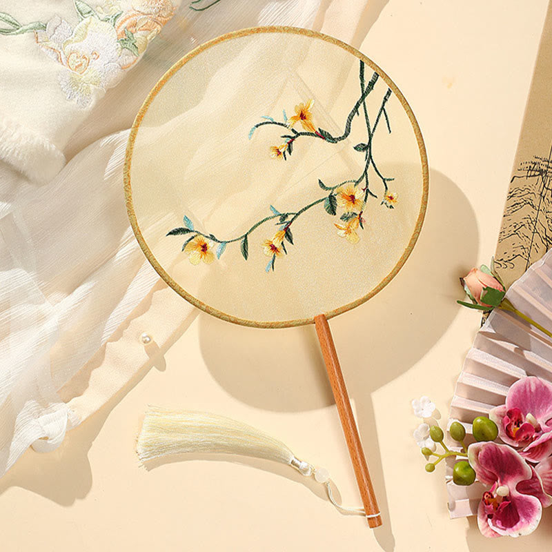 Mythstone Peony Butterfly Osmanthus Lotus Koi Fish Double-sided Embroidery Handheld Wood Handle Fan