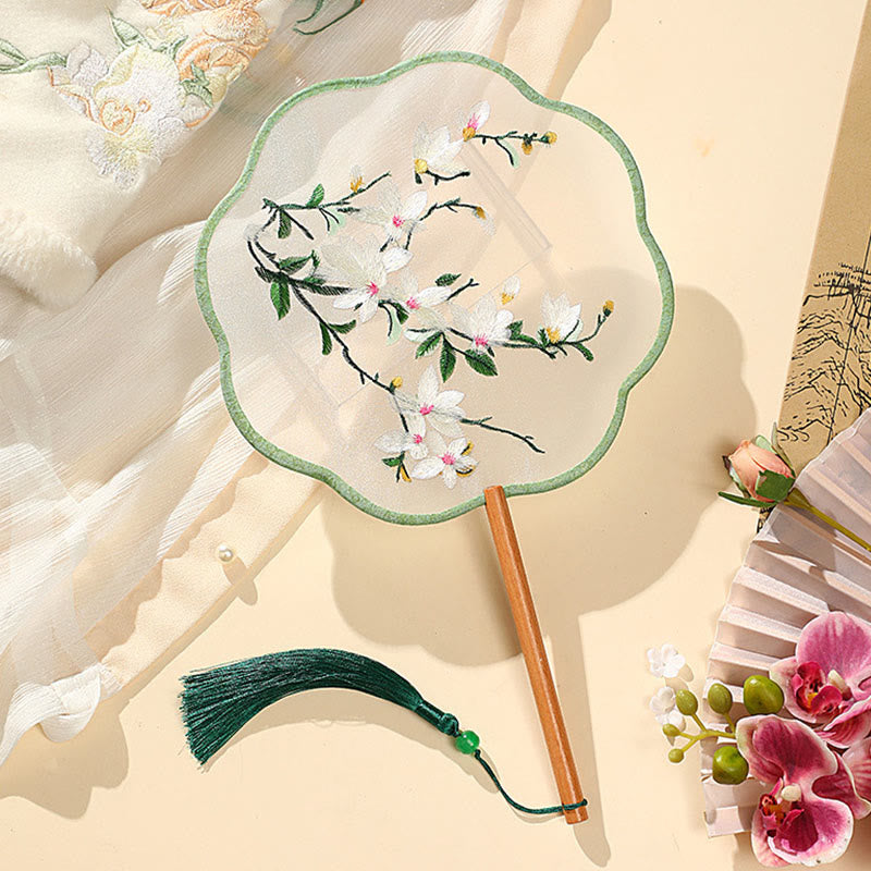 Mythstone Peony Butterfly Osmanthus Lotus Koi Fish Double-sided Embroidery Handheld Wood Handle Fan