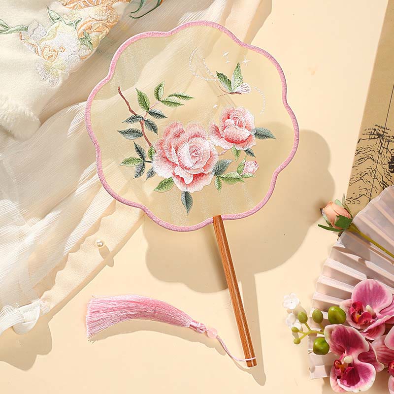 Mythstone Peony Butterfly Osmanthus Lotus Koi Fish Double-sided Embroidery Handheld Wood Handle Fan