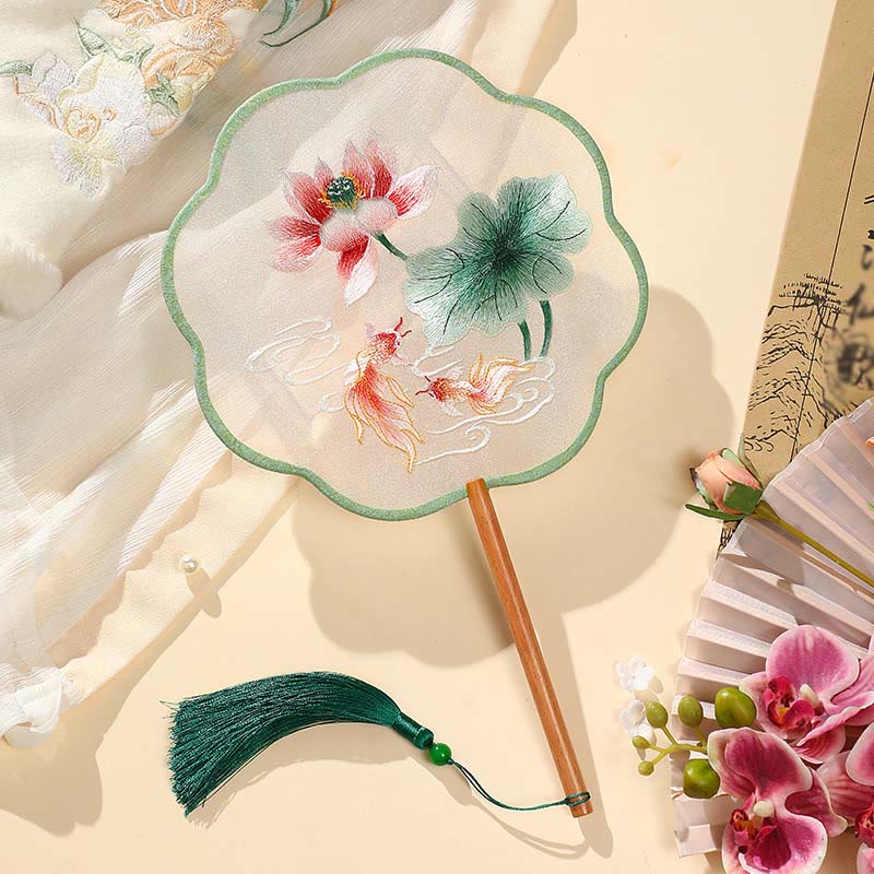 Mythstone Peony Butterfly Osmanthus Lotus Koi Fish Double-sided Embroidery Handheld Wood Handle Fan