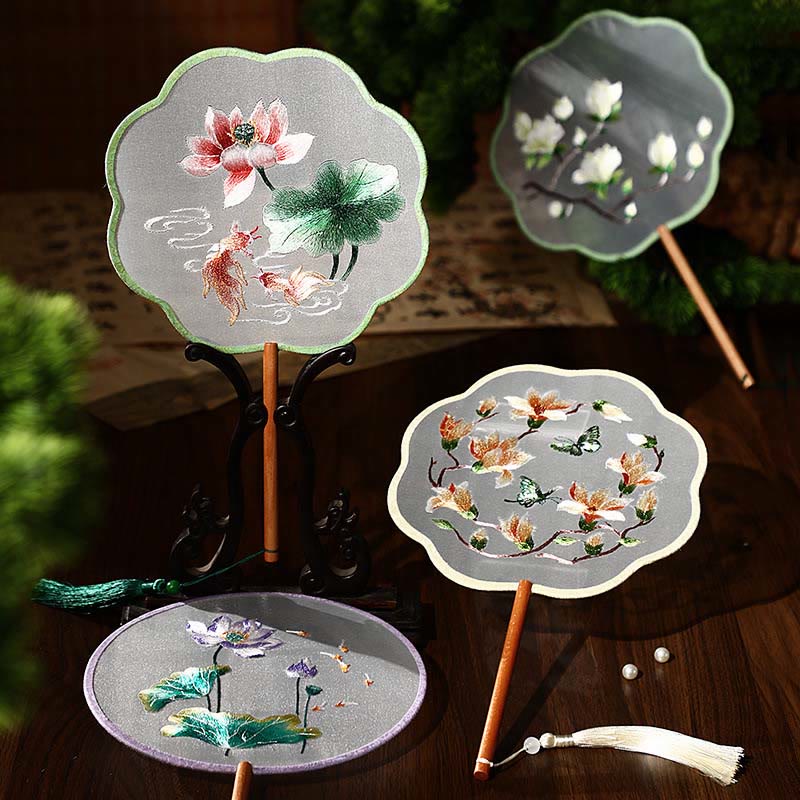 Mythstone Peony Butterfly Osmanthus Lotus Koi Fish Double-sided Embroidery Handheld Wood Handle Fan