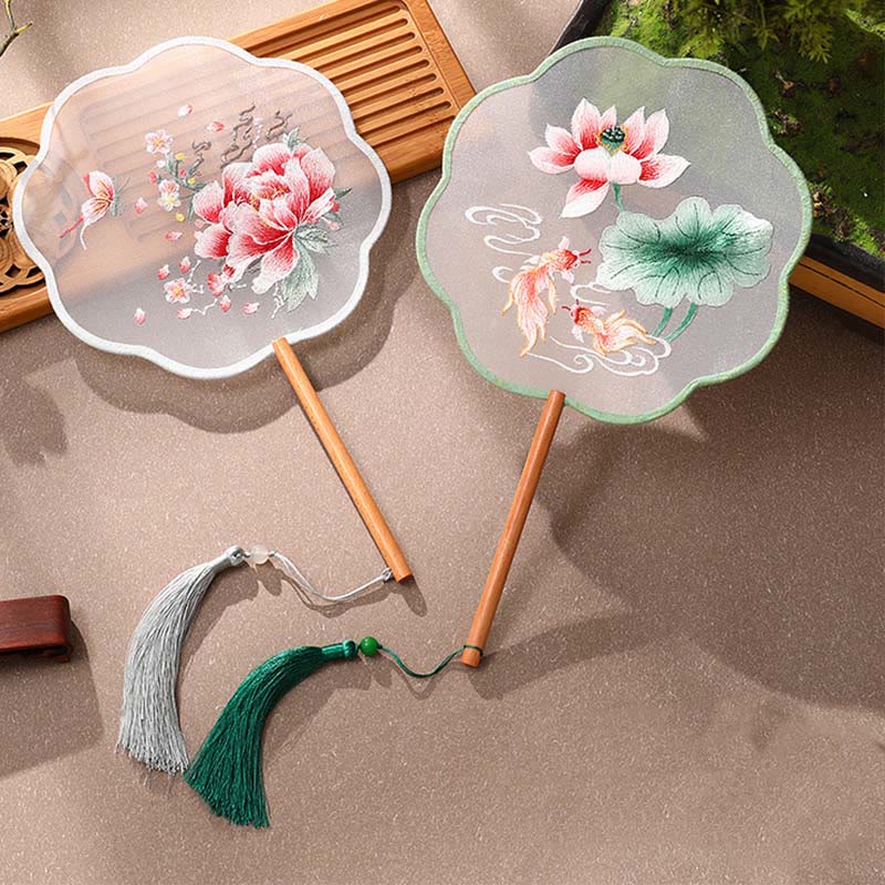 Mythstone Peony Butterfly Osmanthus Lotus Koi Fish Double-sided Embroidery Handheld Wood Handle Fan