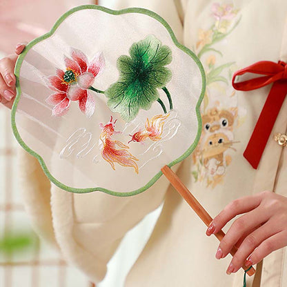 Mythstone Peony Butterfly Osmanthus Lotus Koi Fish Double-sided Embroidery Handheld Wood Handle Fan