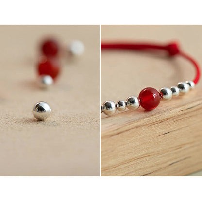 Mythstone Handmade 925 Sterling Silver Fu Character Red Agate Fortune Braided Ultra-Thin Rope Bracelet