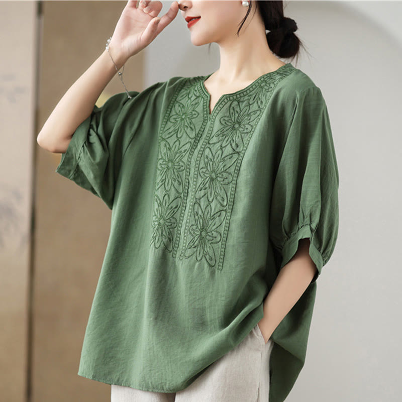 Mythstone Flower Embroidery Design Half Sleeve Cotton Linen T-shirt Tee