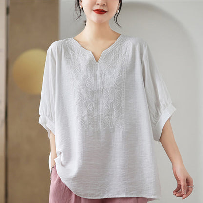 Mythstone Flower Embroidery Design Half Sleeve Cotton Linen T-shirt Tee