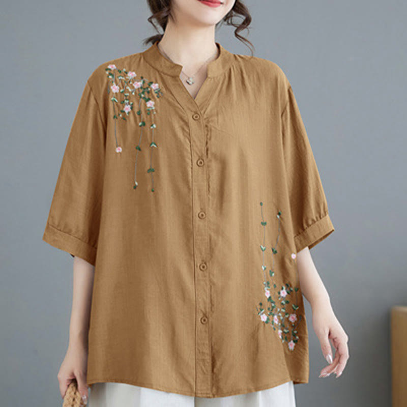 Mythstone Women's Button Down Flower Vines Embroidery Design Half Sleeve Cotton Shirt